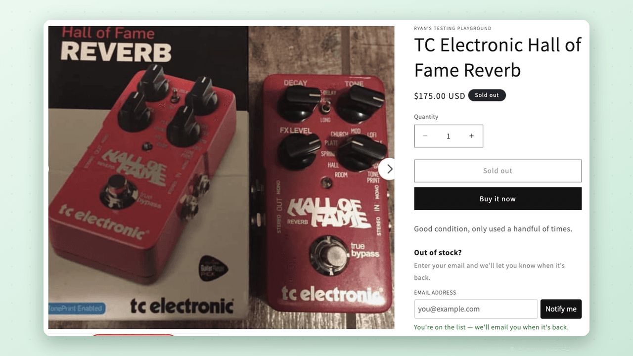 RestockBolt product page widget showing a sold-out item with a Notify Me signup form